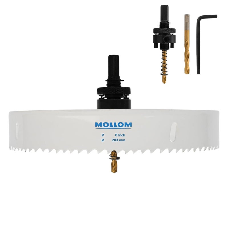 Mollom (203mm | 8") HSS M42 with 8% Cobalt BI-Metal Hole Saw with 2 Pilot Drill Bits & Arbor Smooth Cutting for PVC,Drywall,Wood,Plastic,Gypsum Board,Rubber - Image 1